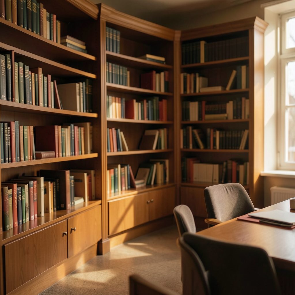 A calm academic office scene with bookshelves in the background, warm amber tones and soft shadows