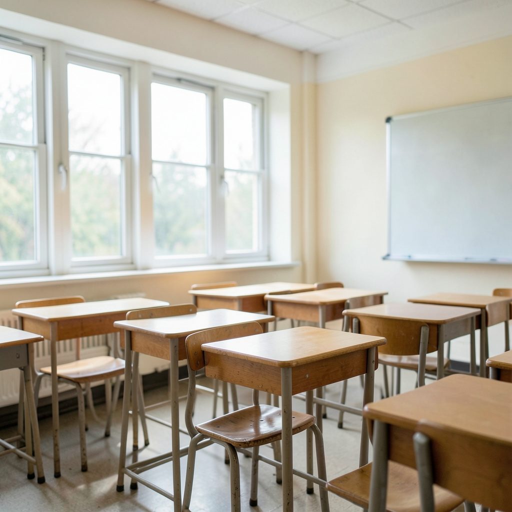 A calm classroom setting with wooden desks and gentle daylight filtering through tall windows, creating a focused learning atmosphere.