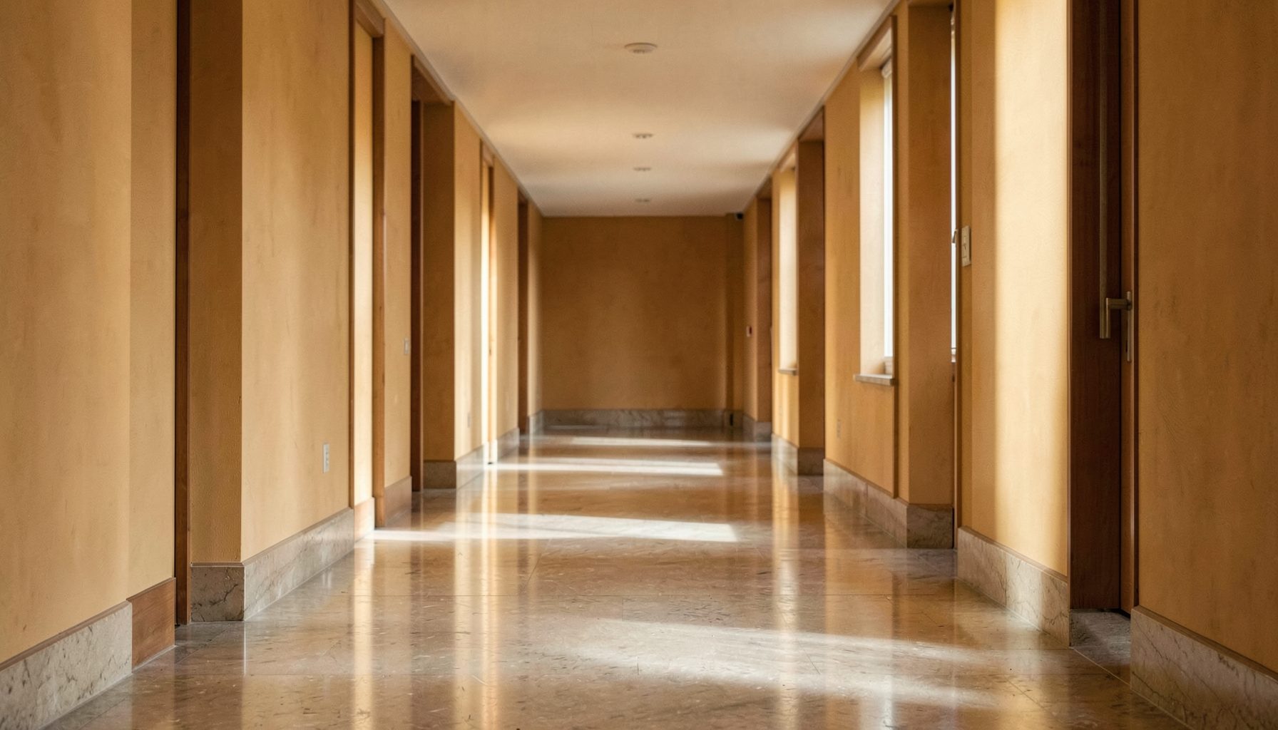 A quiet academic corridor with warm amber wall tones and soft natural light filtering through tall windows, casting gentle shadows along the polished floor