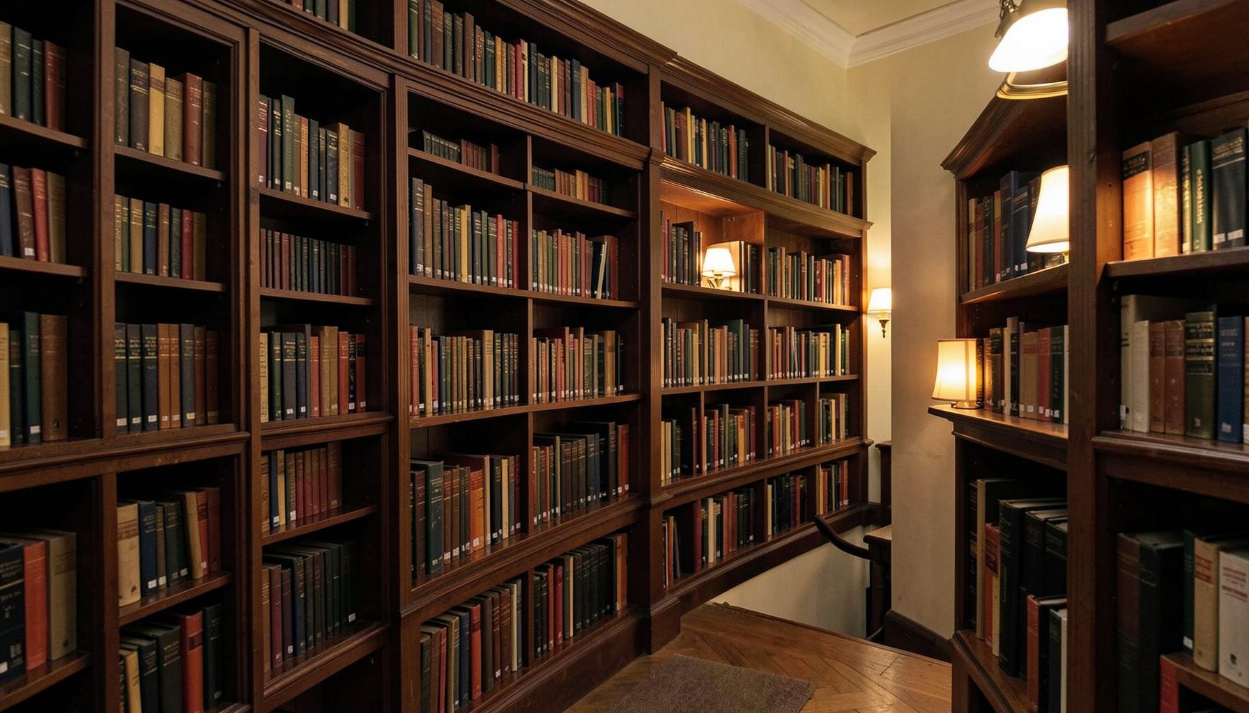 A quiet library interior with rows of dark wooden shelves, warm amber reading lamps, and cream-colored walls, conveying a studious atmosphere.