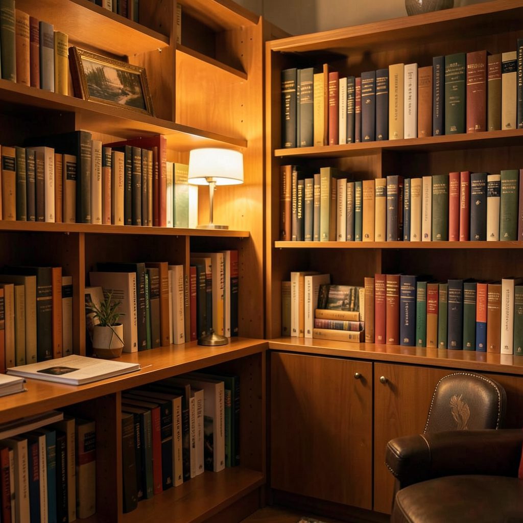 A softly lit academic office corner with bookshelves and a warm amber glow, evoking a scholarly and welcoming mood.