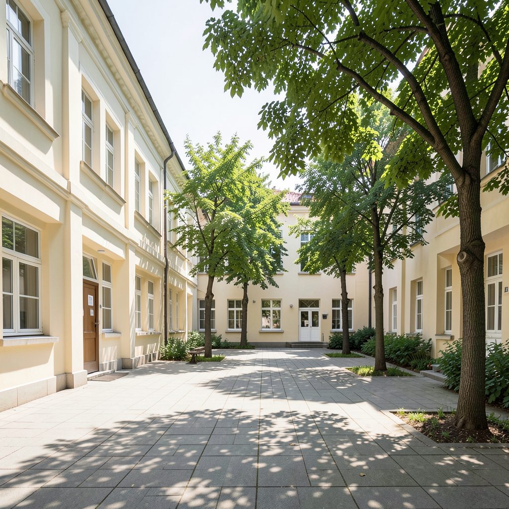 A sunlit campus courtyard with cream-colored buildings and leafy trees, casting soft shadows on paved walkways.