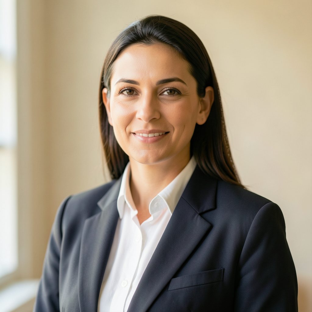 A warm-toned portrait setting with soft natural light and a muted cream backdrop, suggesting an academic professional environment.