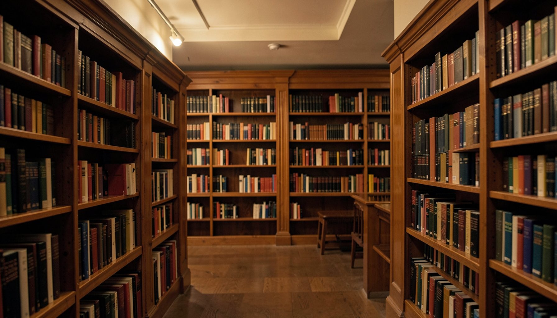 Quiet academic library interior with warm wooden shelves and soft amber lighting, conveying a calm scholarly atmosphere