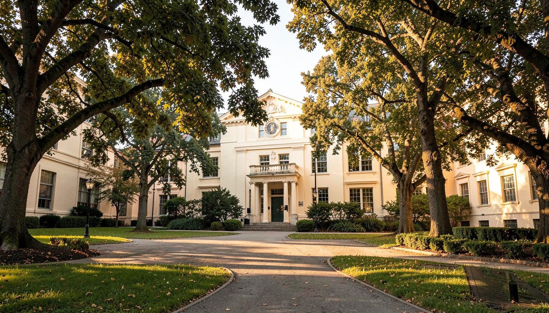 Sunlit college campus courtyard with mature shade trees and a cream-colored academic building, warm golden light, serene
