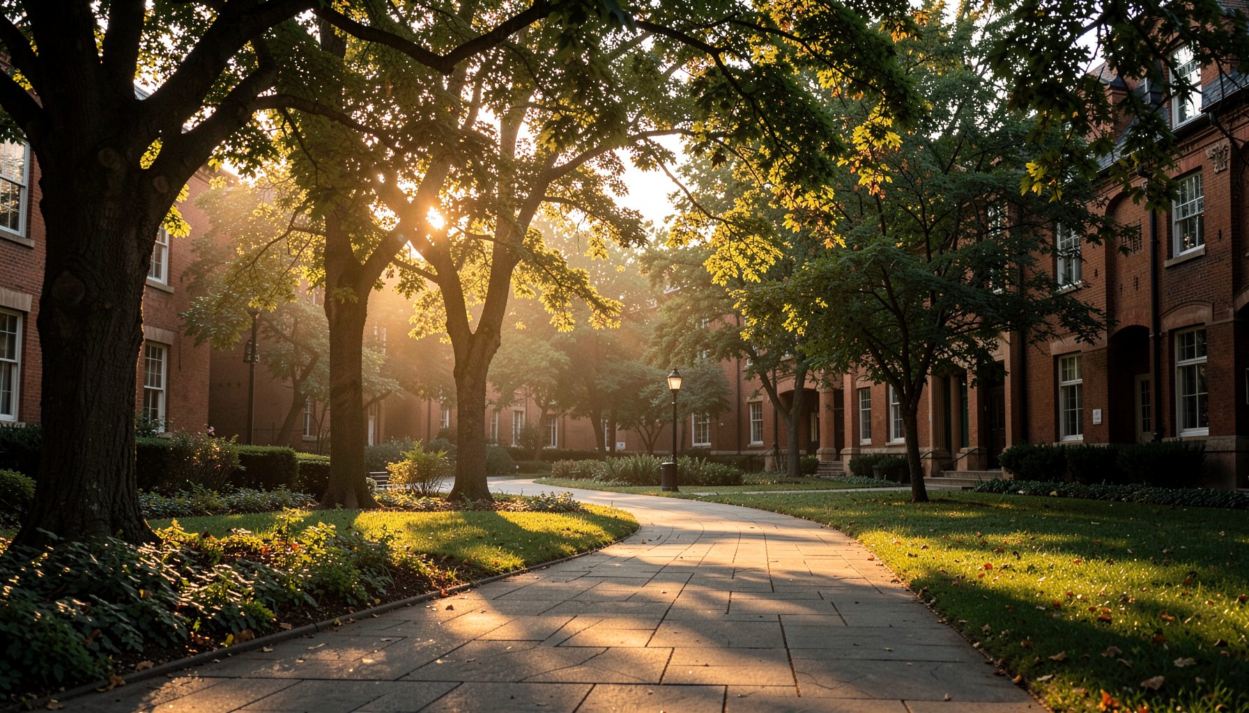 Warm golden light falling across a quiet campus courtyard with mature trees and a paved walkway, deep greens and earthy tones