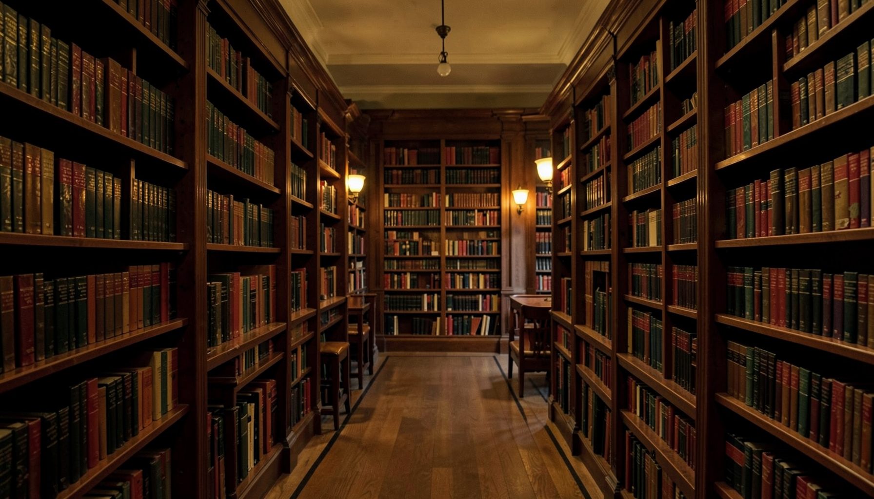 Warm interior of a quiet academic library with rows of wooden shelves, soft amber lighting, and a calm scholarly atmosphere
